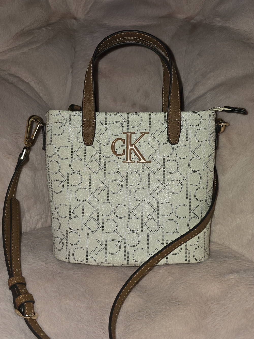 Calvin Klein Cream Monogram Crossbody Satchel with Brown Trim